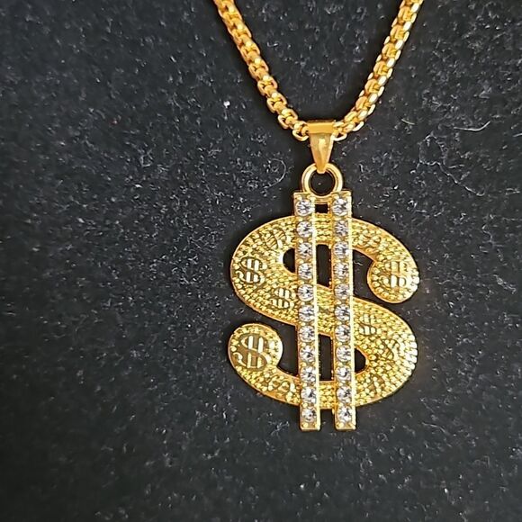 Men's Gold Plated Dollar Sign Pendant Chain 13" - Picture 3 of 16